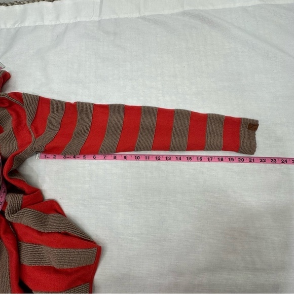 Neve Ski Medium Red/Orange Dark Tan Striped Asymmetrical Open Cardigan Sweater - Picture 15 of 15